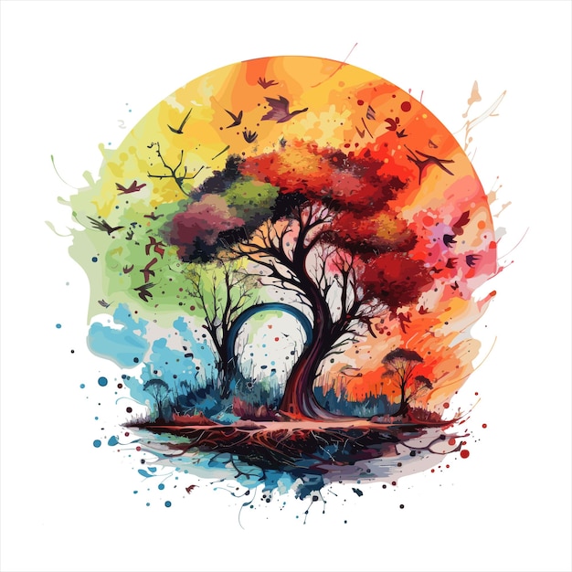 A brightly colored tree with swirly leaves and a bird flying around generative ai