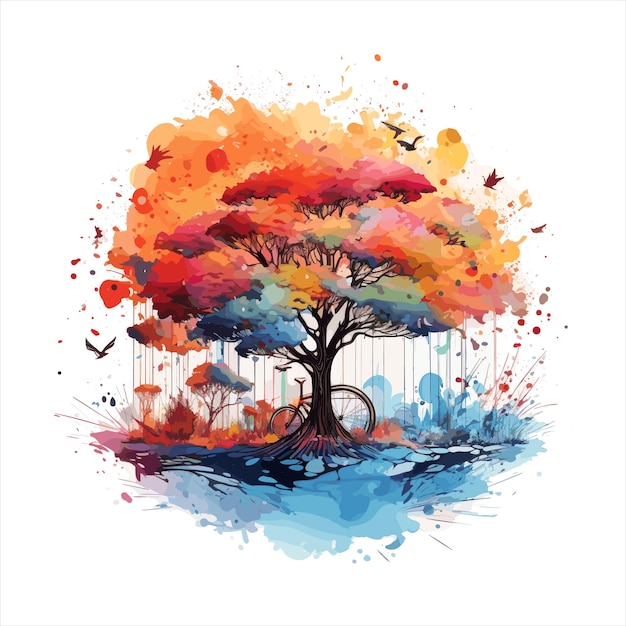 A brightly colored tree with swirly leaves and a bird flying around generative ai