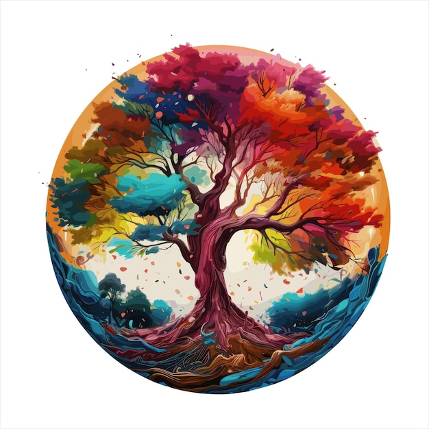 Vector a brightly colored tree with swirly leaves and a bird flying around generative ai