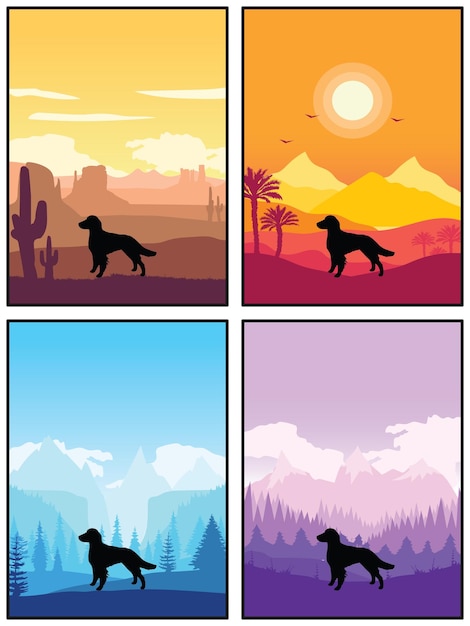 Britanny Dog Breed Silhouette Sunset Forest Nature Background 4 Posters Stickers Cards