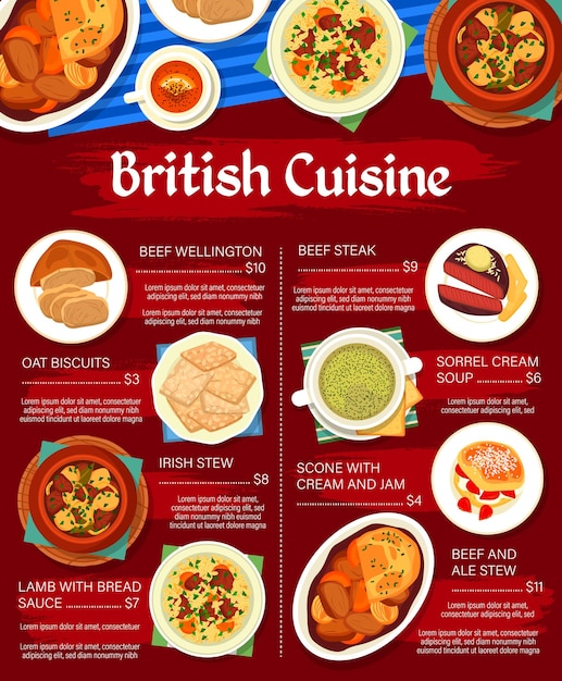 British cuisine food menu with restaurant dishes