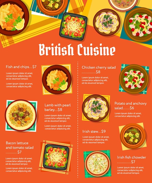 British cuisine menu page design vector template