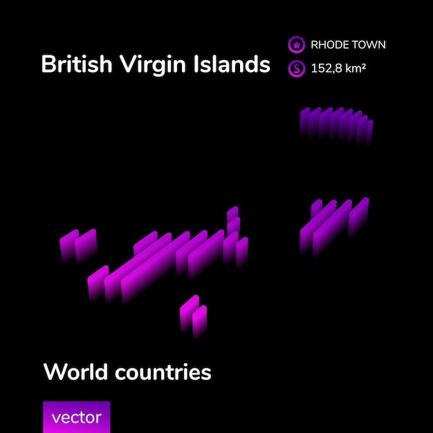 British Virgin Islands 3D map Stylized striped vector neon isometric Map is in violet colors on black background