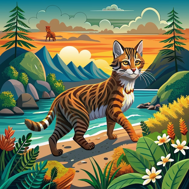 British Wild Cat sullen walks ocean vector