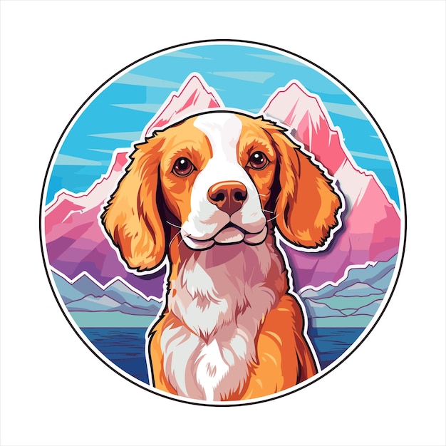 Vector brittany spaniel dog breed colorful cartoon kawaii pet isolated snow mountains nature illustration