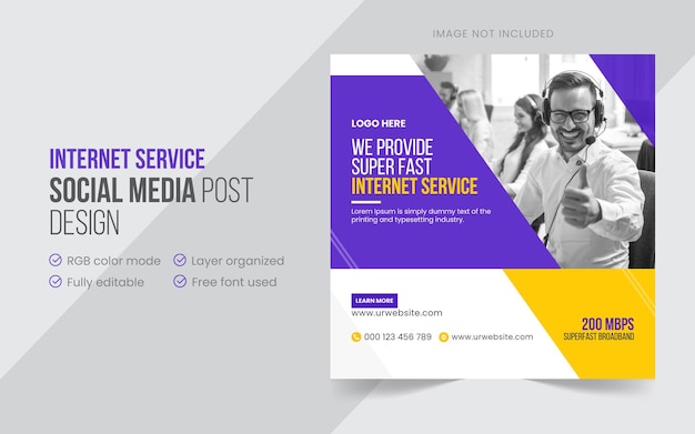 Broadband internet service square social media post or rectangle flyer design template