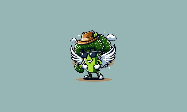 broccoli wearing sun glass and hat vector mascot design