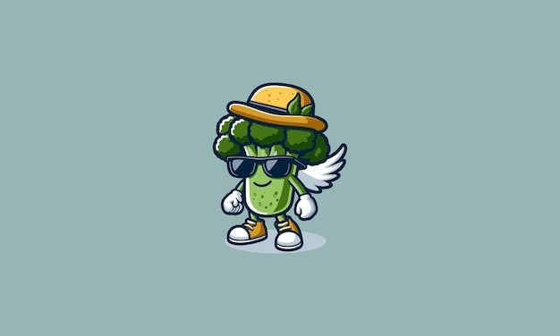 broccoli wearing sun glass and hat vector mascot design