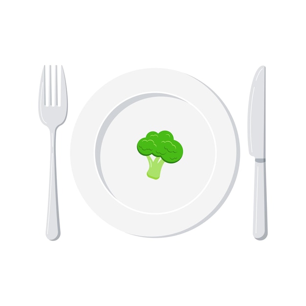 Broccoli on white plate with knife and fork isolated on a white background