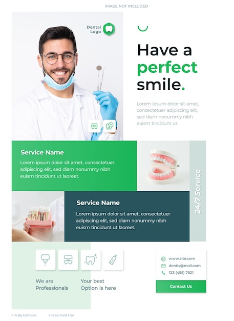 brochure and modern social media post template for dentist and clinic with dental icons