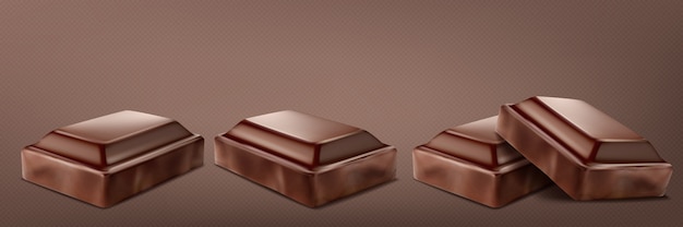 Broken chocolate bar set isolated on transparent background.