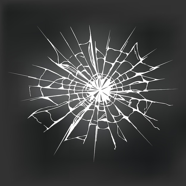 Broken glass from impact with black hole in the middle .