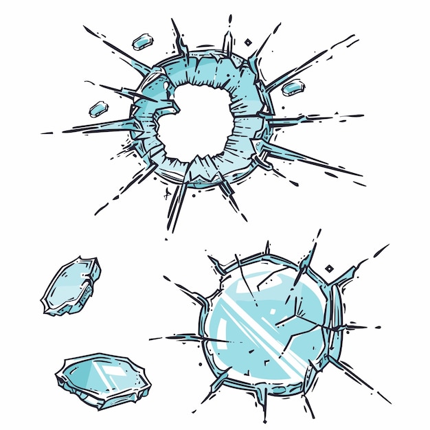 Broken glass holes vector illustration shattered glass sharp pieces Blue tinted cracked effect