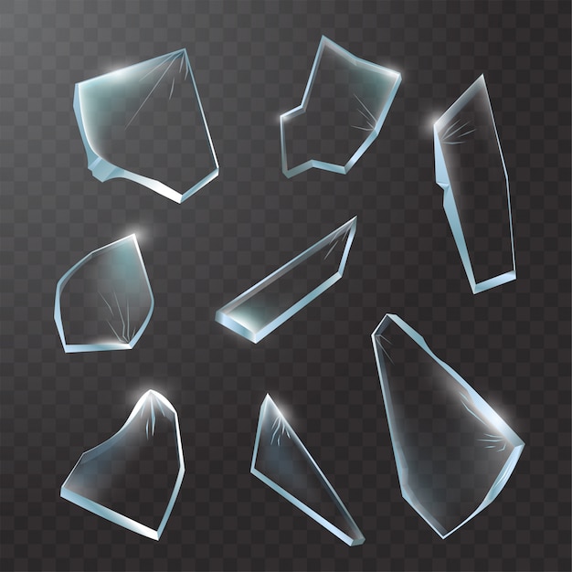 Broken glass pieces. Shattered glass on transparent background.  realistic illustration