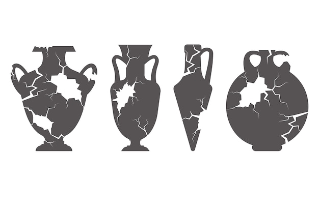 Broken greece vase set Ancient pottery isolated on white background Vector illustration