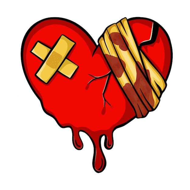 Broken heart clipart Drip Blood Heart injury with adhesive elastic medical plasters and bandage