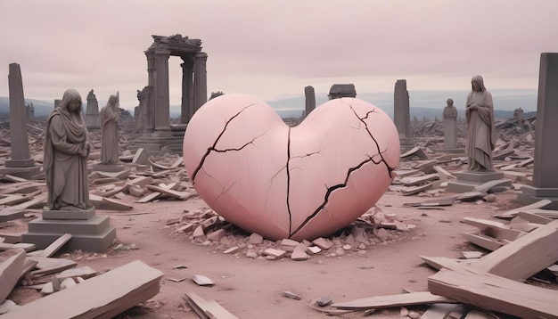 Vector a broken heart sculpture lies in a ruined landscape representing lost love heartache or a sense of despair