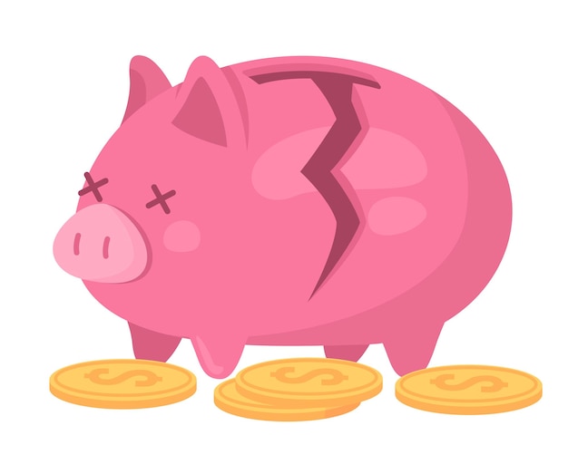 Vector broken piggy bank with coins semi flat color vector object