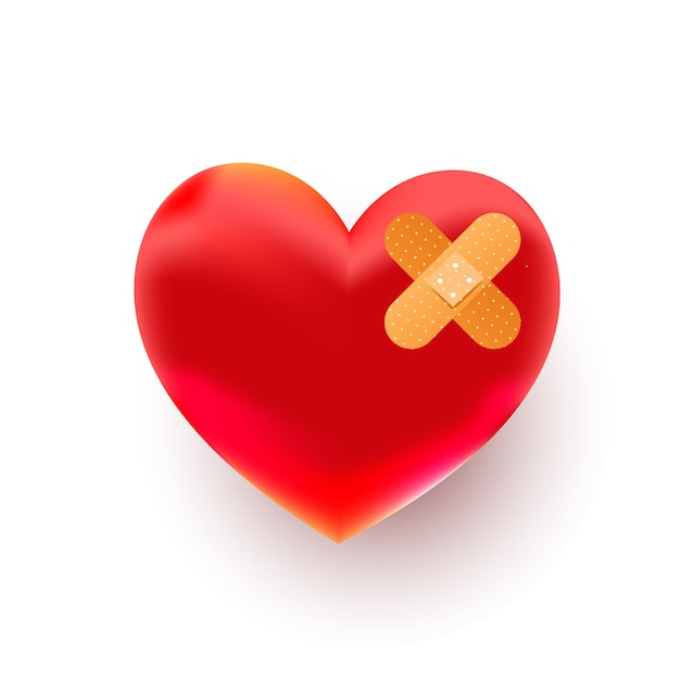 Broken red heart shape with bandage on white background, top view. Space for text