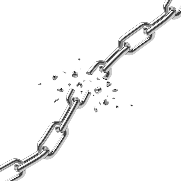 Broken steel chain links freedom concept. Disruption strong steel illustration