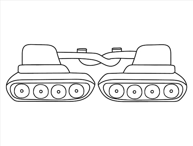 Broken tanks with a connected muzzle Destroyed military equipment contour illustration doodle style