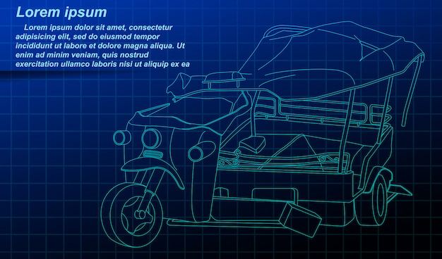 Broken tricycle outline on blueprint background.