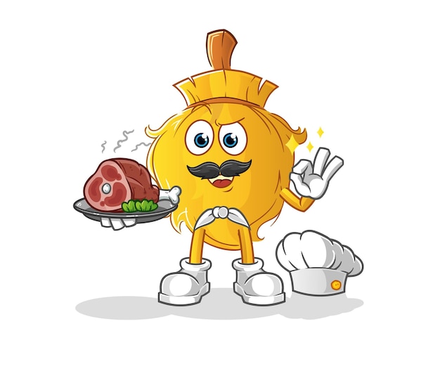 Broom chef with meat mascot. cartoon vector