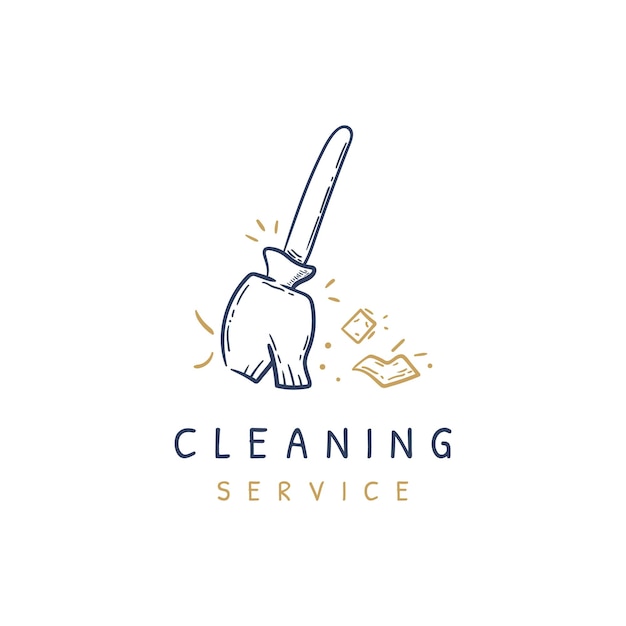 Broom cleaning floor icon Cleaning service logo design Housekeeping vector hand drawn illustration