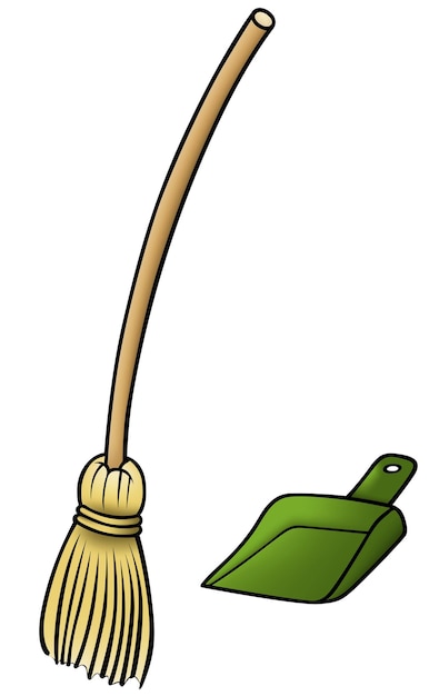 Broom and Green Plastic Dust Scoop