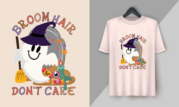 Broom Hair don't care Retro Halloween Cute Tshirt Design with groovy style Boo Ghost pumpkin witch