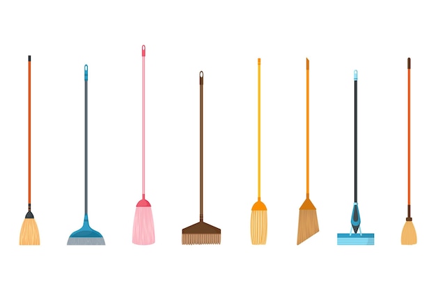 Broom mop icons Hygiene handling equipments objects illustration household mop and housework broom tools isolated on white background