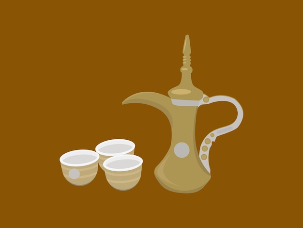 Vector a brown arabic coffee pot with three cups of coffee on a brown background.