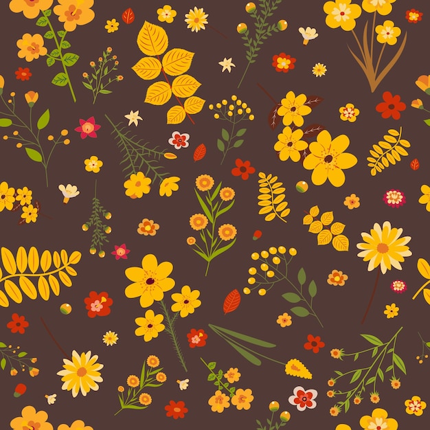 Brown autumn seamless background leaves flowers pattern vector