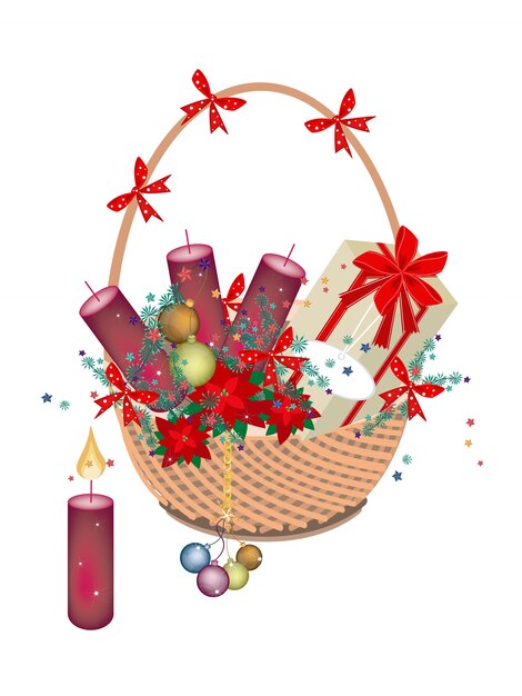 Vector brown basket of christmas gift and ornament