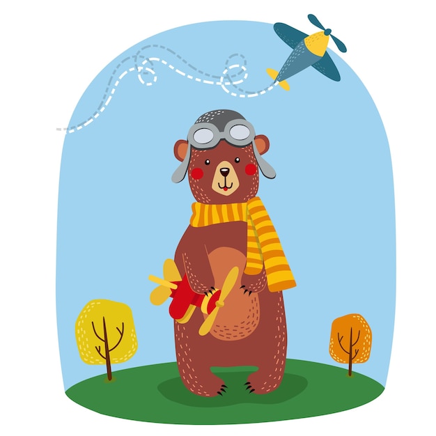 Brown bear poster Vector bear Bear with airplane