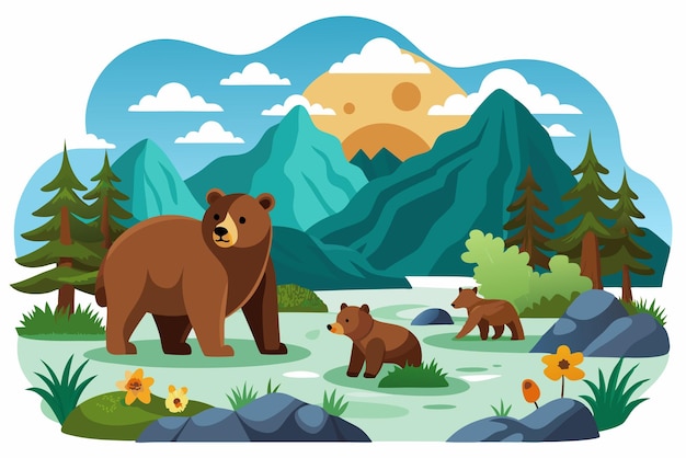 Vector brown bears in a mountainous forest landscape