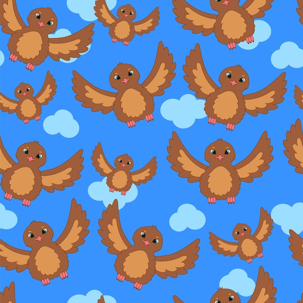 Brown the birds in the sky. Children's seamless pattern