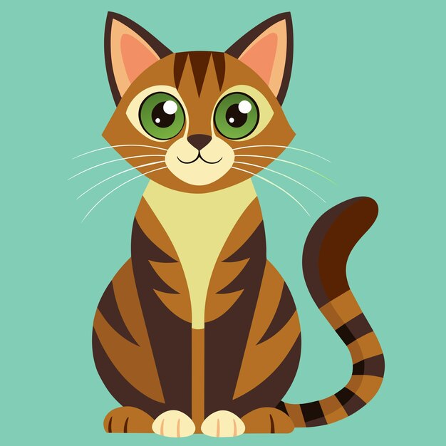 Vector a brown and black striped cat with green eyes sitting on a blue background