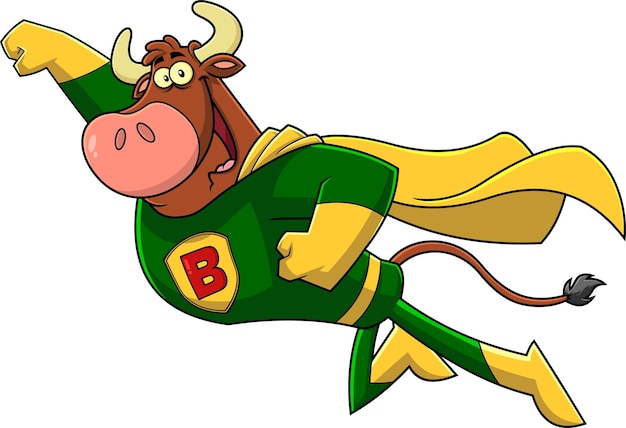 Brown Bull Super Hero Cartoon Character Flying To The Rescue Vector Hand Drawn Illustration