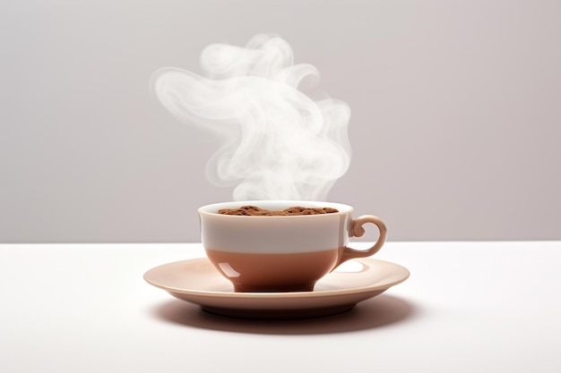 Brown ceramic cup of fresh steaming fragrant aromatic morning hot coffee over black background Smock