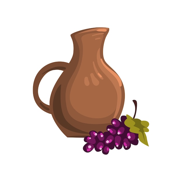 Brown ceramic pitcher of wine Bunch of ripe grapes with green leaf Traditional Georgian drink Travel to Georgia Alcoholic beverage Flat vector icon