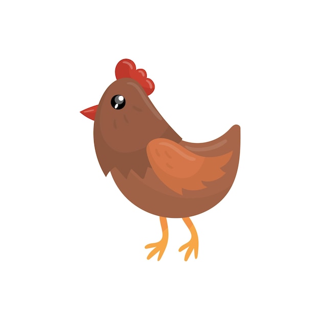 Brown chicken with red beak scallop and orange feet Cartoon bird character Domestic fowl Farm animal Concept of poultry farming Colorful flat vector design