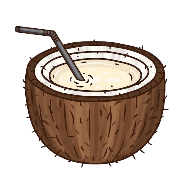 Brown coconut with a cocktail tube on white