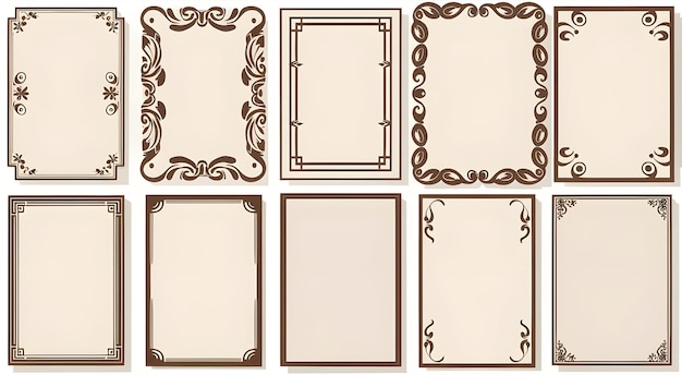 Brown Color Border Rectangular Frames Collection Set having floral motifs swirls and flourishes