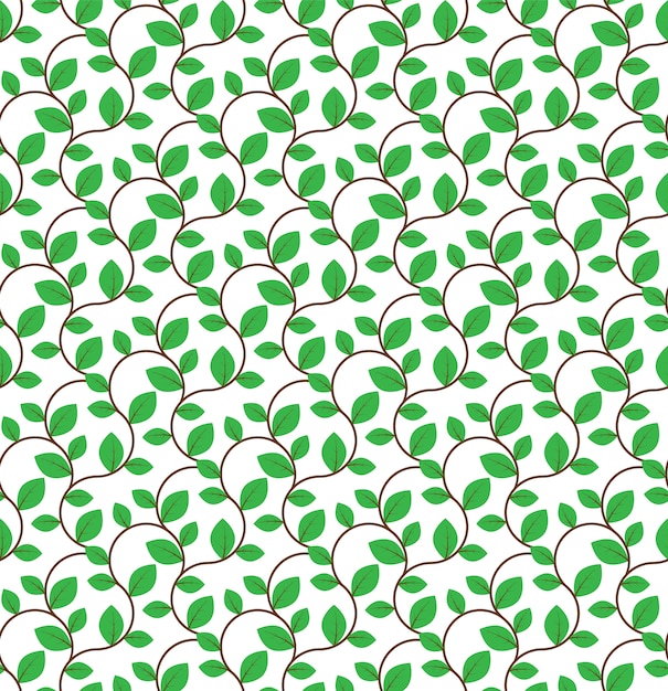 Brown curly branches with green leaves seamless pattern