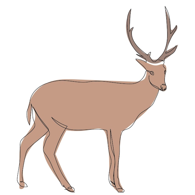 Brown deer drawing by one continuous line, isolated