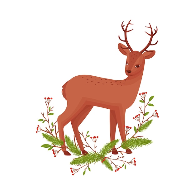 Brown Deer Near Fir Tree Twigs Hoofed Ruminant Mammal Standing in Branches Vector Illustration