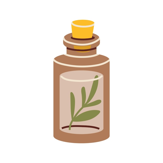 Brown glass bottle of essential oil with branch with green leaves inside cartoon style Trendy modern vector illustration isolated on white background hand drawn flat design