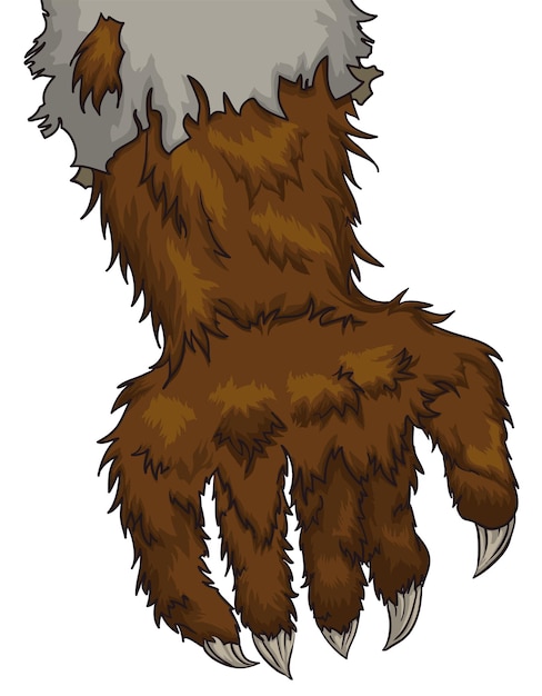 Brown hairy werewolf hand with long claws and ragged sleeve due its transformation