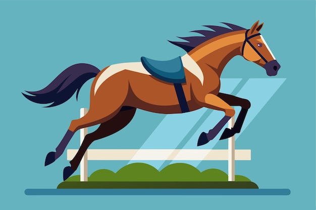 Vector a brown horse leaps gracefully over a white fence while training horse jumping customizable semi flat illustration